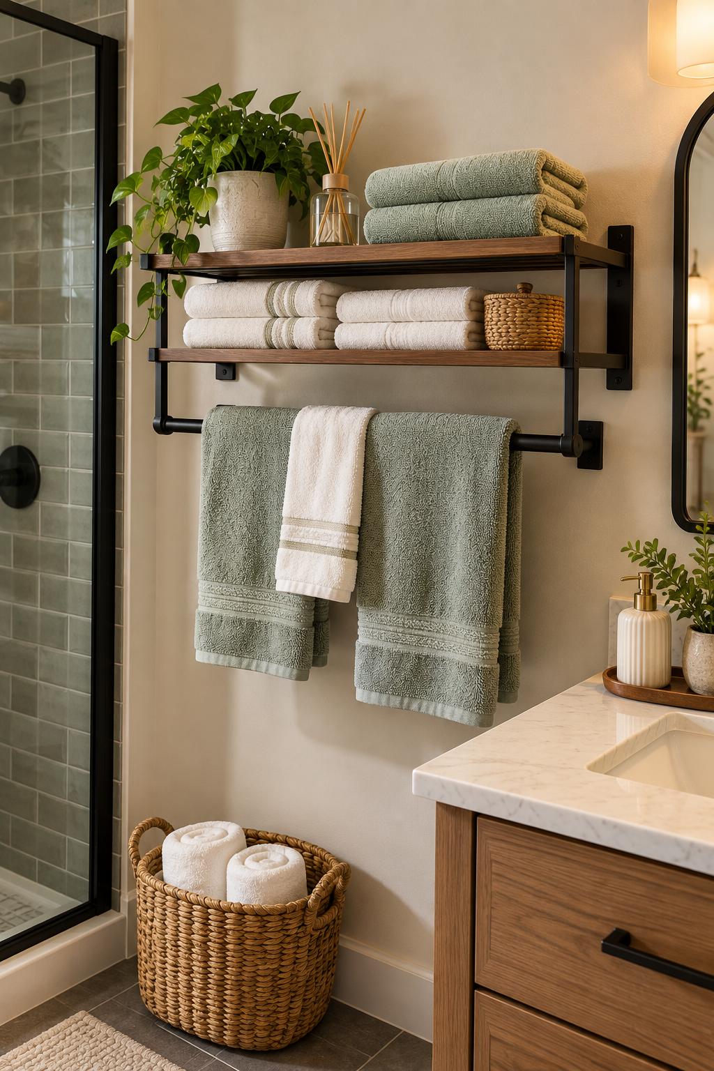 Wall-mounted towel rack with shelf for towels in a small bathroom