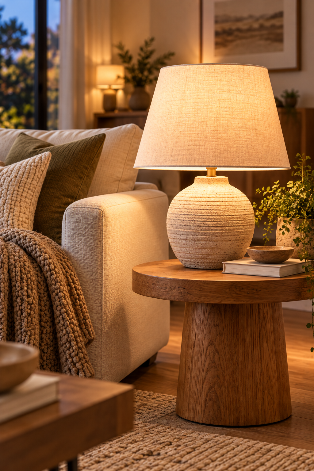 Warm ambient table lamp creating cozy layered lighting in a minimalist living room