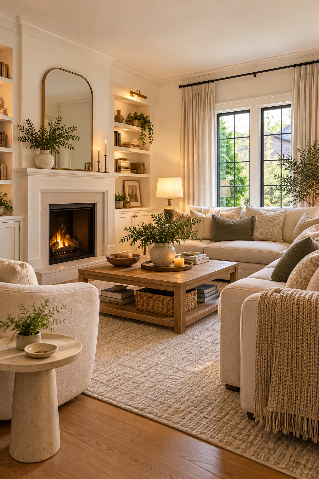 Warm white walls making a dark living room feel brighter and more inviting