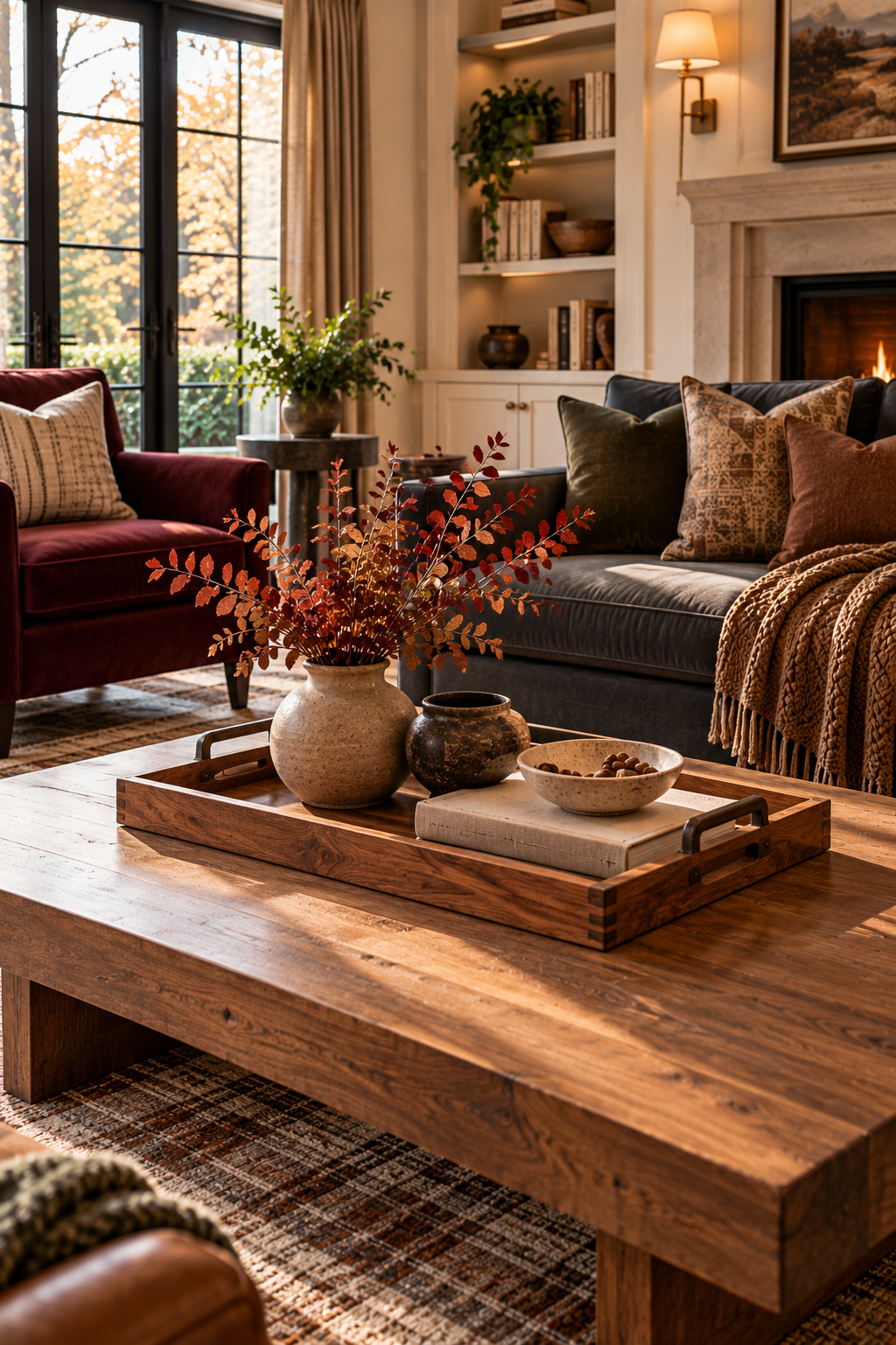 warm wood serving tray styled with simple natural fall decor
