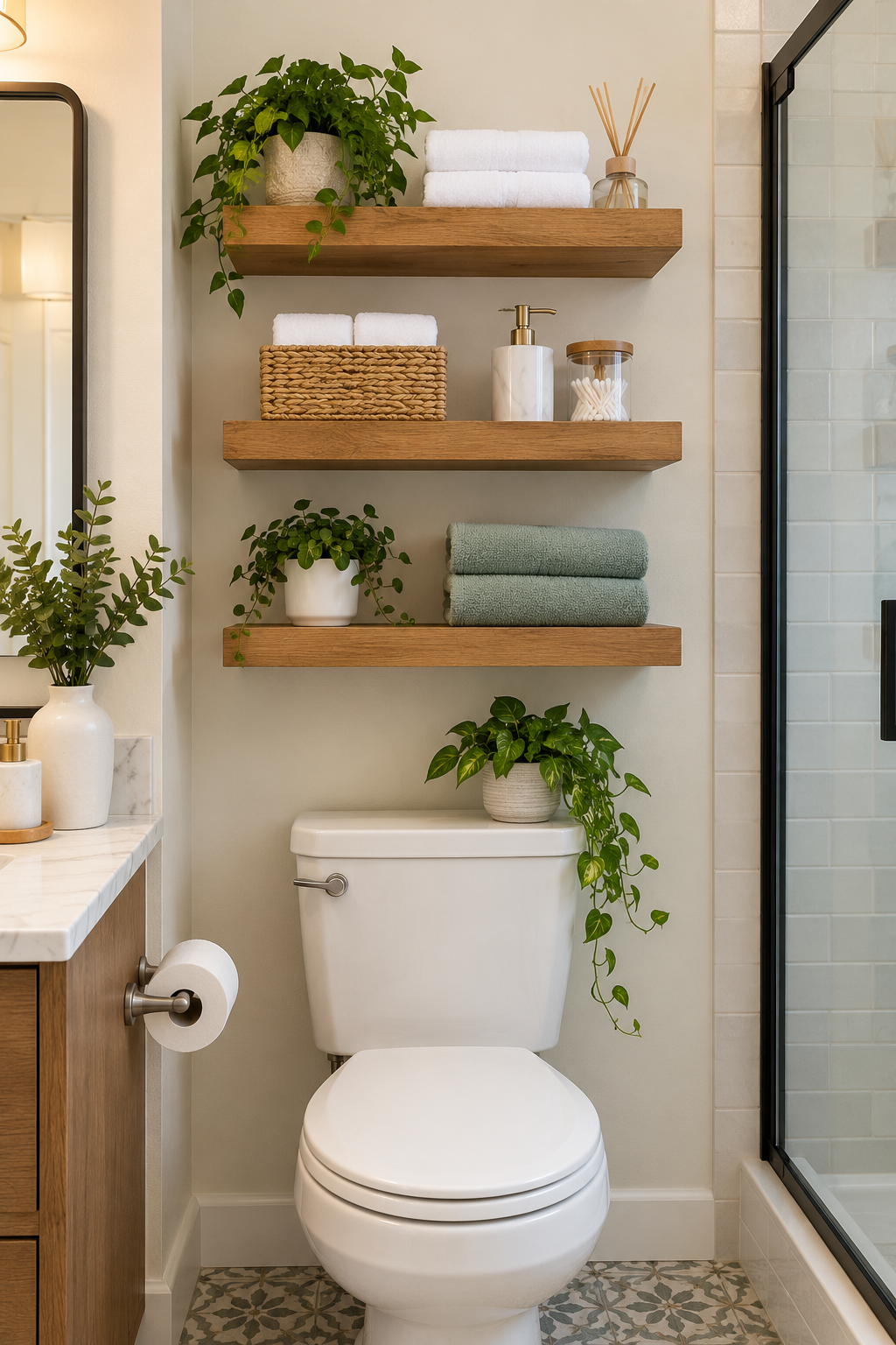 Wood floating bathroom shelves above the toilet in a small bathroom