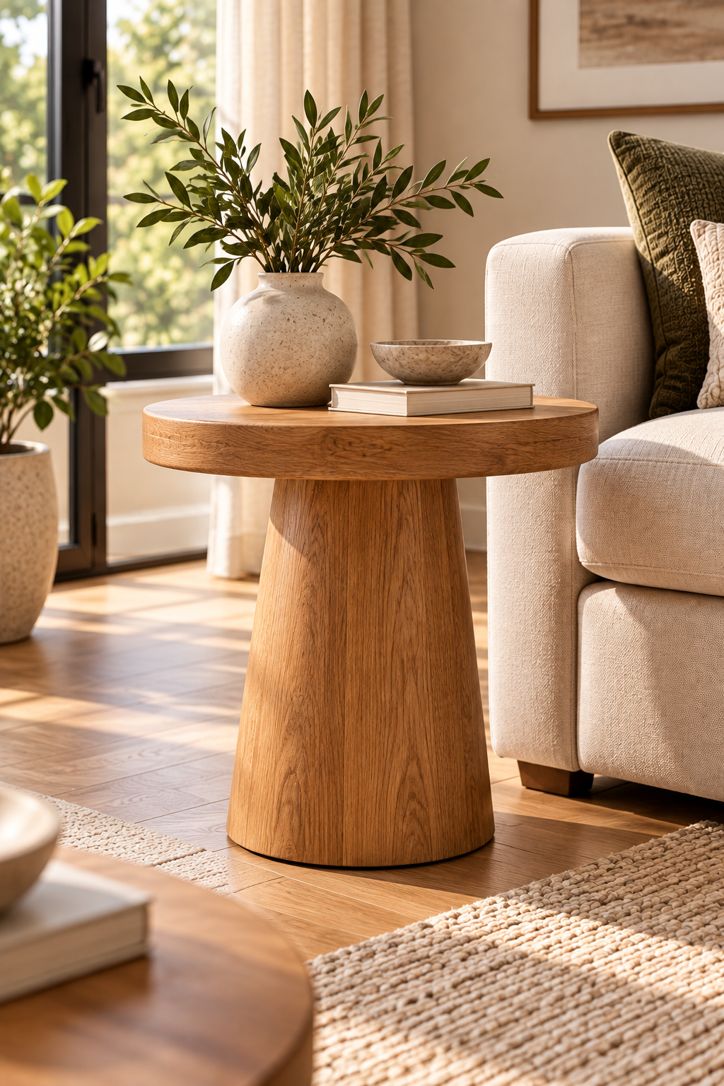 Natural wood side table adding warmth to a minimalist living room