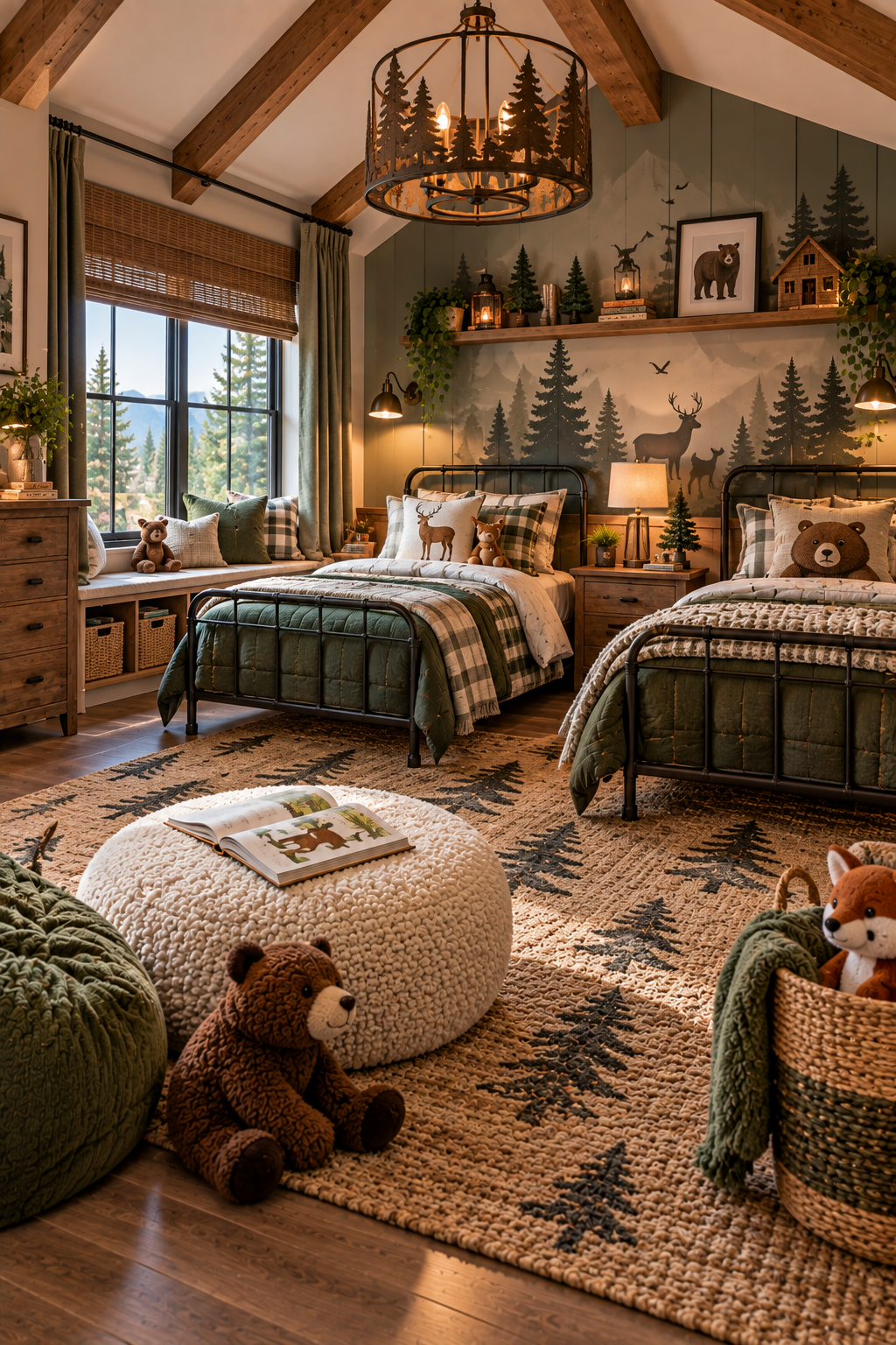 woodland adventure kids bedroom with twin beds and forest wall decor