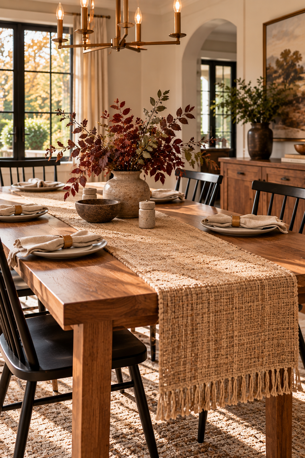 natural woven table runner adding texture to a warm fall dining room